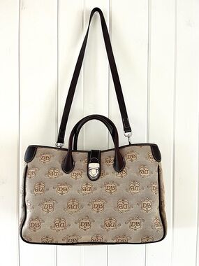 Dooney & Bourke Vintage Tan Signature Canvas DB Logo Tote Bag, Donegal Crest